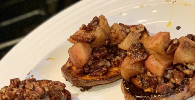 Caramelized Sweet Potato Slices w/cinnamon pecan crumble and warm and spicy chunky apple reduction