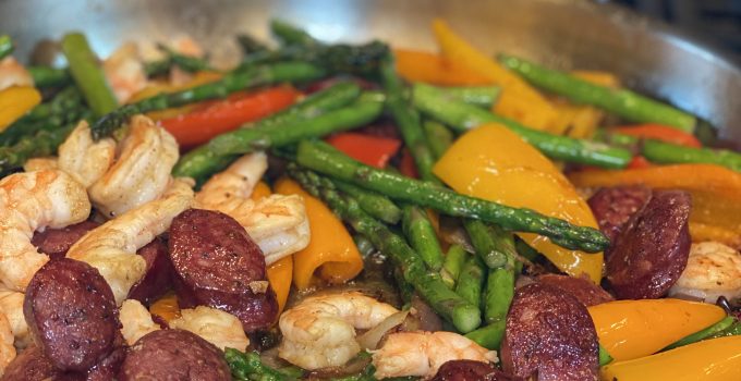 Fresh Spring Shrimp and Sausage Fajitas with Asparagus